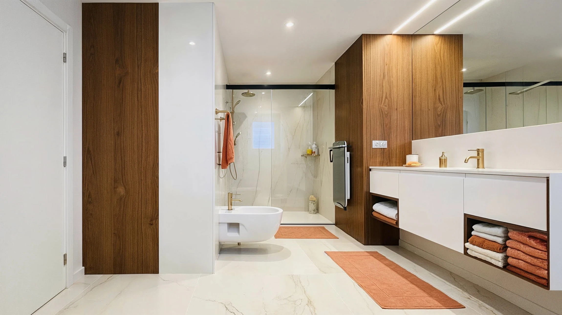 Salle de bain moderne épurée avec baignoire blanche, meuble vasque suspendu gris mat, vasque à poser circulaire blanche, robinetterie chromée contemporaine