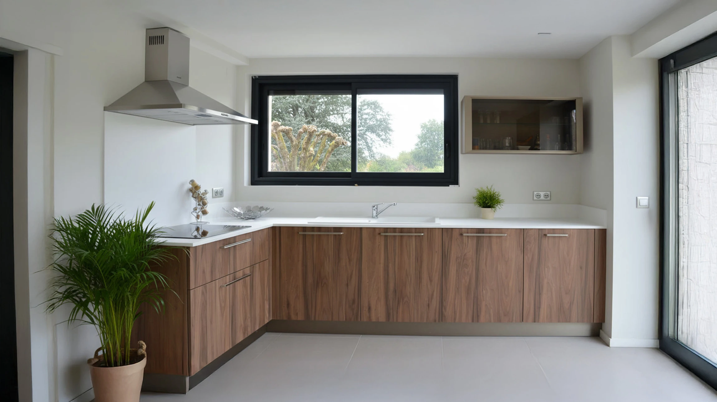 Cuisine moderne entièrement blanche avec mobilier laqué, plan de travail en quartz blanc, évier intégré et robinetterie contemporaine