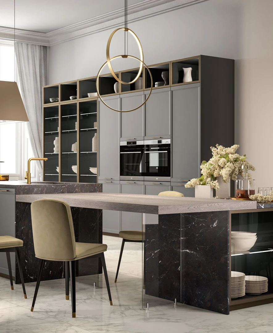 Cuisine moderne haut de gamme avec &icirc;lot central en bois, tabourets design et suspensions industrielles