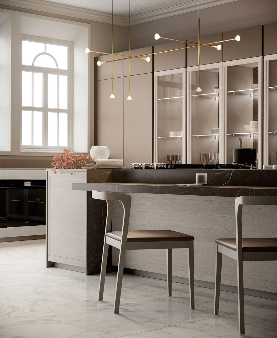 Cuisine moderne d'exposition avec &icirc;lot central et am&eacute;nagement en L