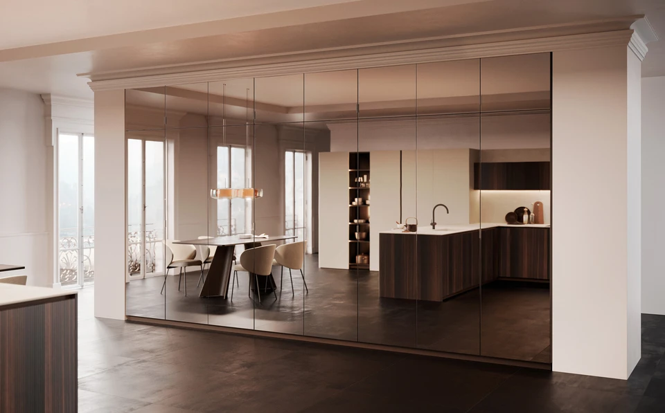 Concept d'architecte d'int&eacute;rieur&nbsp;: projet inachev&eacute; dessin&eacute; &agrave; la main qui devient r&eacute;el, salle &agrave; manger et cuisine, tuiles en b&eacute;ton, table, chaises, armoires et &eacute;tag&egrave;res, porte coulissante, illustration 3d