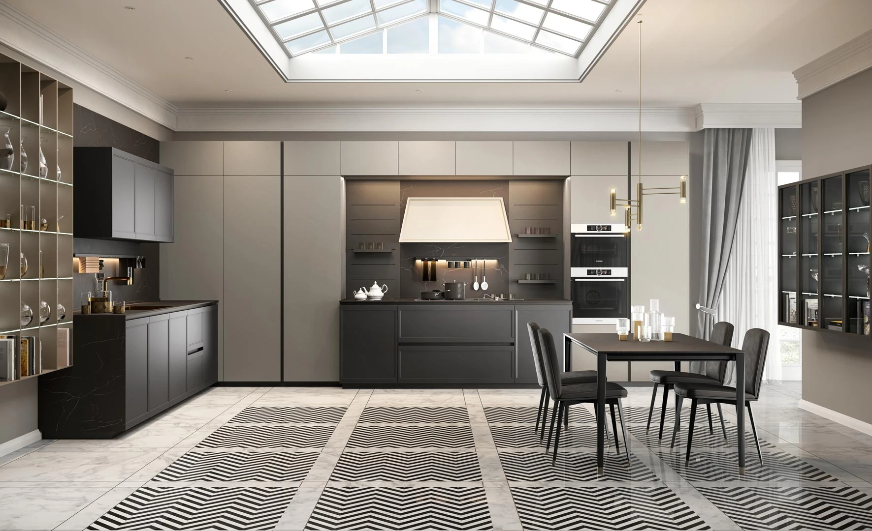 Cuisine moderne avec &icirc;lot central en marbre blanc vein&eacute;, &eacute;vier int&eacute;gr&eacute; et robinetterie contemporaine