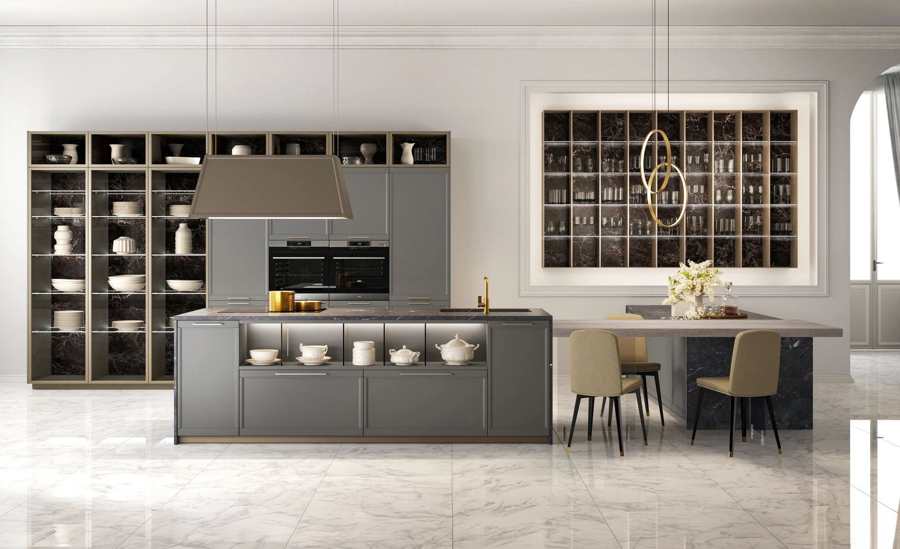 Intérieur de cuisine moderne avec île, lavabo, armoires dans Nouvelle Maison de Luxe