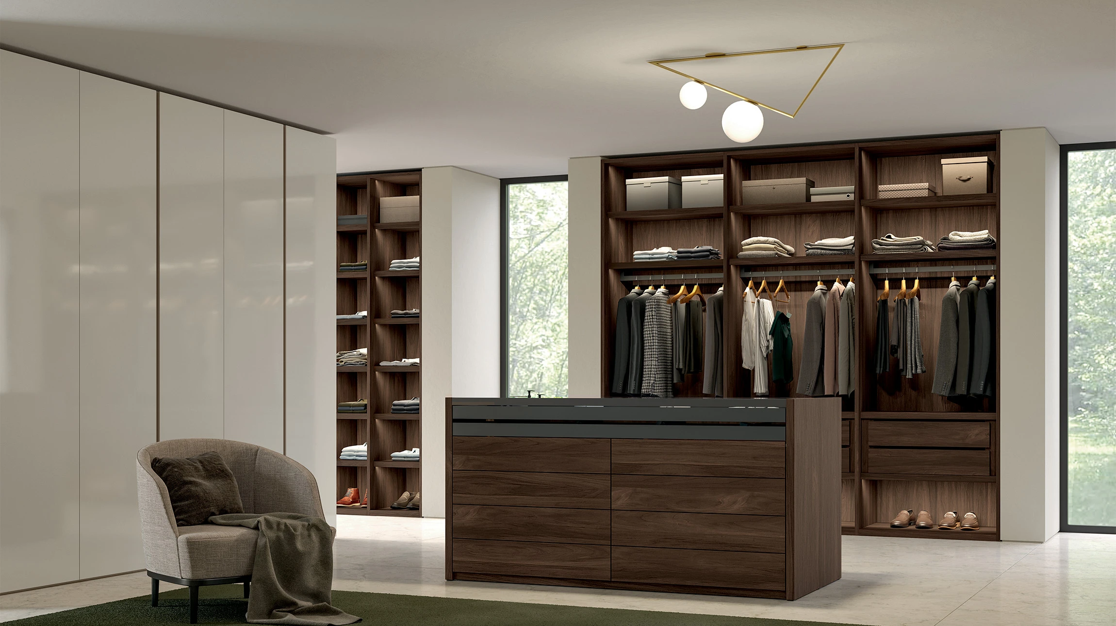 Chambre moderne avec grand dressing ouvert intégré au mur